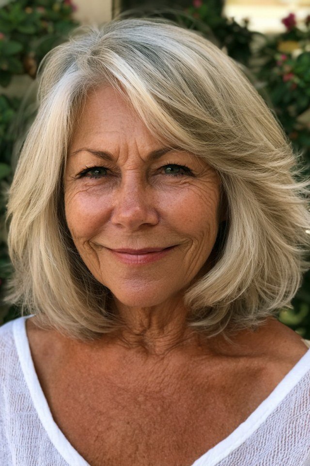 Blonde Layered Feathered Bob on an older woman - elegant feathered bob hairstyle idea