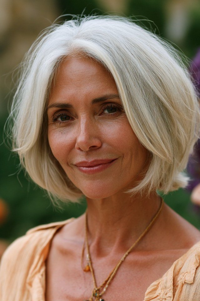 White Feathered Bob in Sunlight on an older woman - elegant feathered bob hairstyle idea