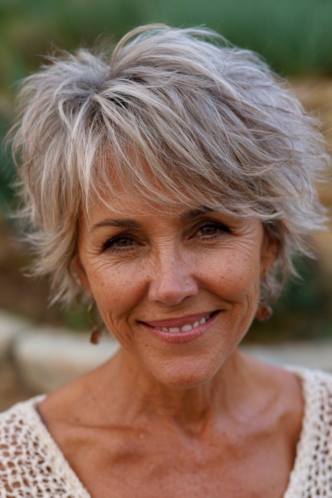 Silver Feathered Bob with Volume on an older woman - elegant feathered bob hairstyle idea
