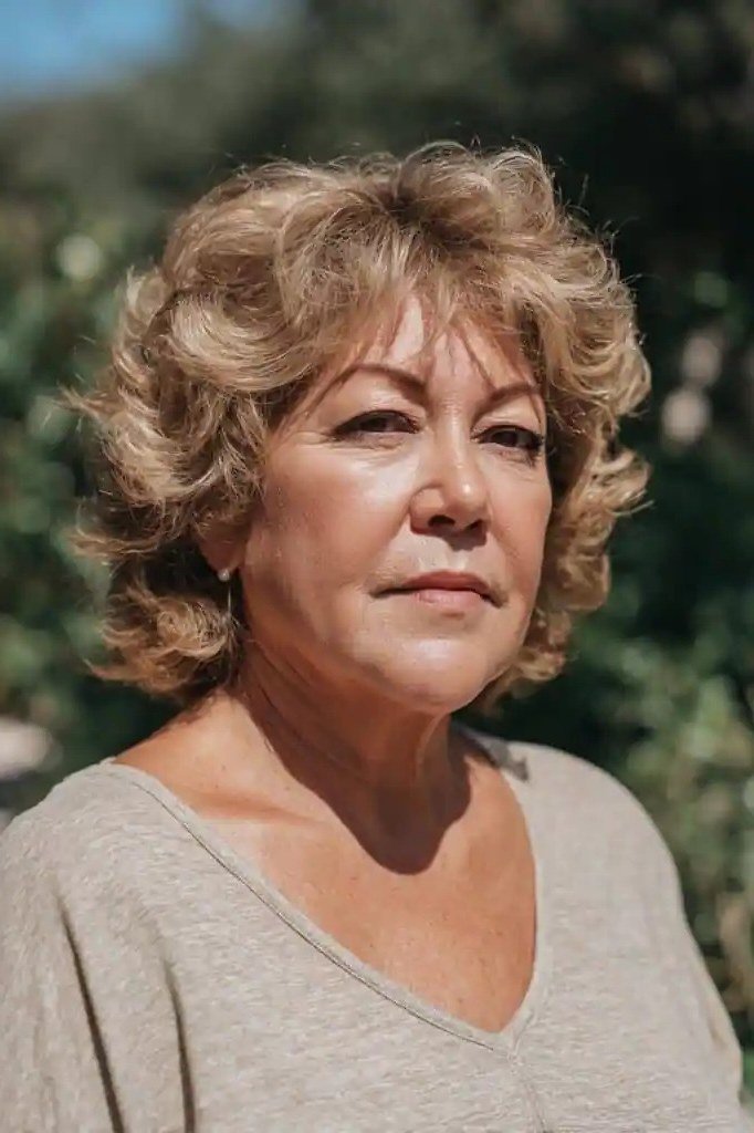 Curly Brown Feathered Bob on an older woman - elegant feathered bob hairstyle idea