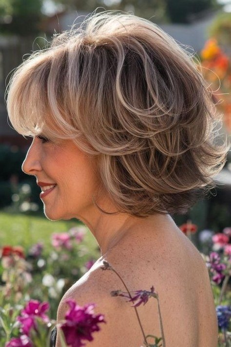 Brown Feathered Bob with Feathered Sides on an older woman - elegant feathered bob hairstyle idea