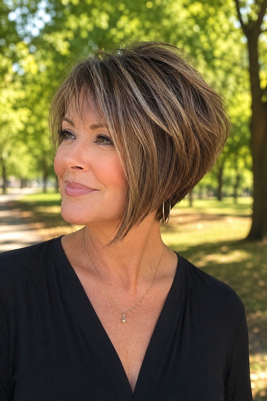 Brown Feathered Bob in Natural Light on an older woman - elegant feathered bob hairstyle idea