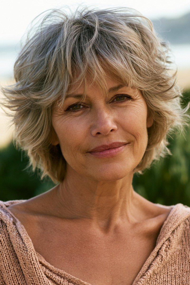 Silver Feathered Bob with Face-Framing Layers on an older woman - elegant feathered bob hairstyle idea