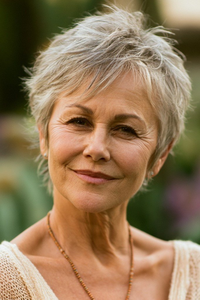 Silver Feathered Pixie with Texture on an older woman - elegant feathered bob hairstyle idea