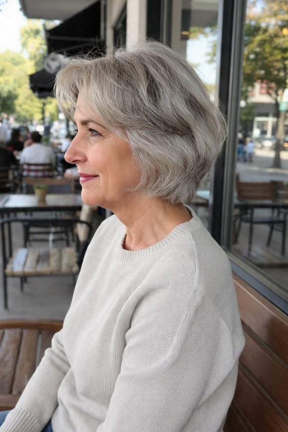 Grey Feathered Bob with Natural Texture on an older woman - elegant feathered bob hairstyle idea