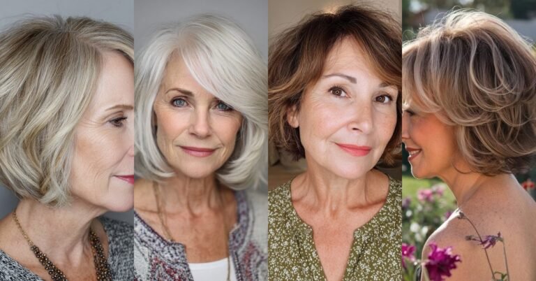 Collage of elegant feathered bob hairstyles for older women: silver, white, blonde and brunette layered feathered bobs