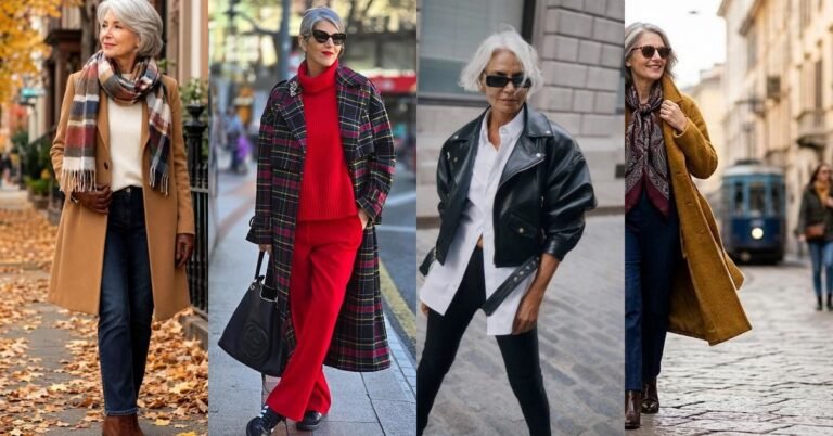 Collage of four fall outfit ideas for women over 60