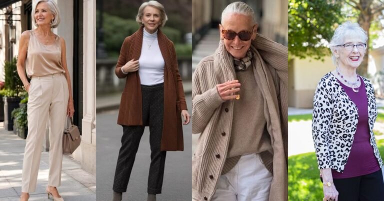 Capsule wardrobe outfit ideas for women over 60, collage of timeless looks