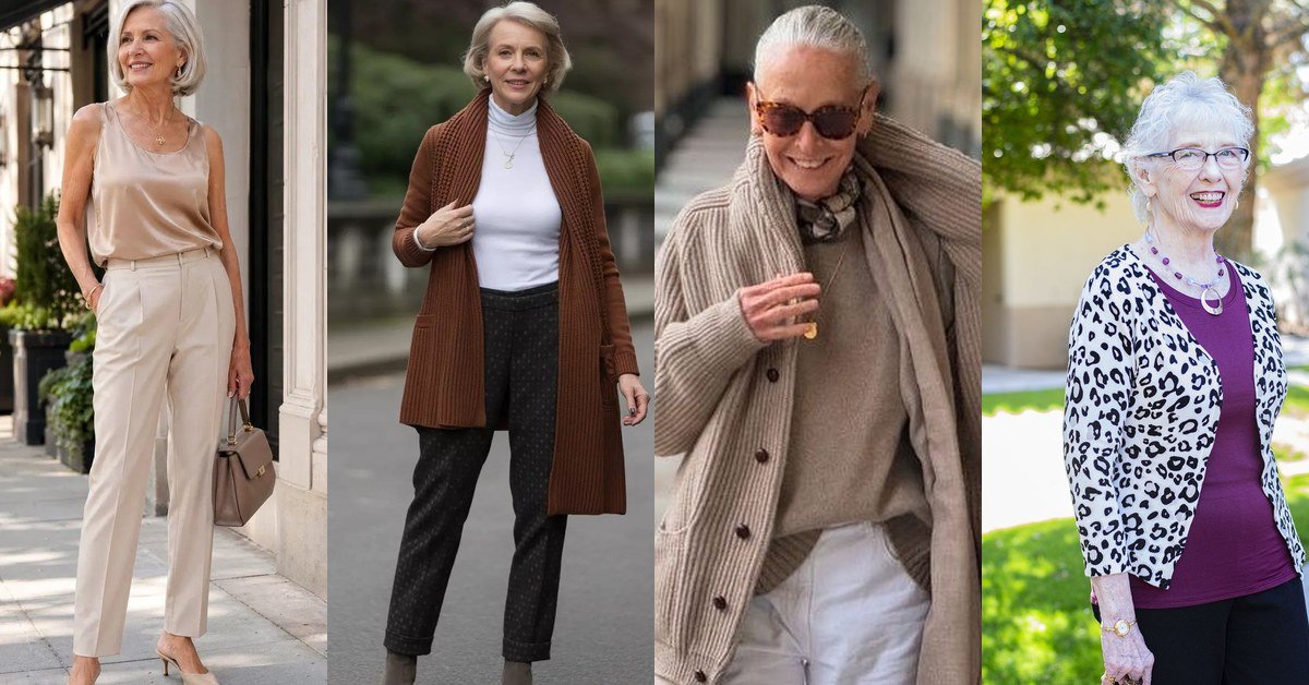 Capsule wardrobe outfit ideas for women over 60, collage of timeless looks