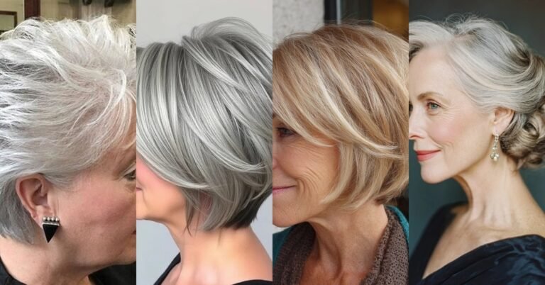 Timeless hairstyles for women over 60 collage - pixie, bob, wavy bob and updo