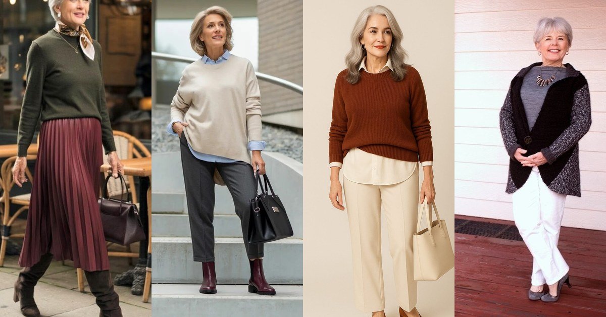October outfits for women over 50 collage: olive top with burgundy pleated skirt, beige sweater with grey trousers, rust sweater with cream pants, black cardigan with white jeans