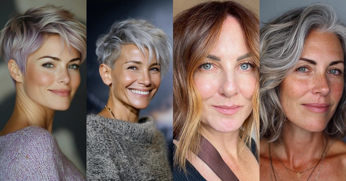Collage of wispy hairstyles for women over 40 - pixie, bob, lob and layered cuts