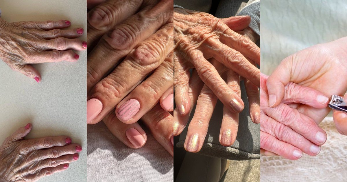 Collage of mature hands nail care ideas for women over 50