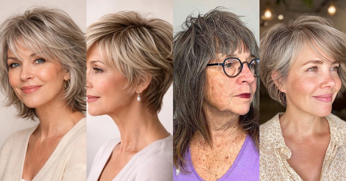 Collage of chic bixie shag haircuts for senior women