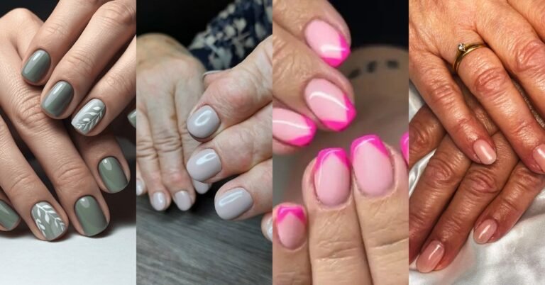 Best nails for women over 50: nail art collage with sage, grey, neon pink french and nude manicures