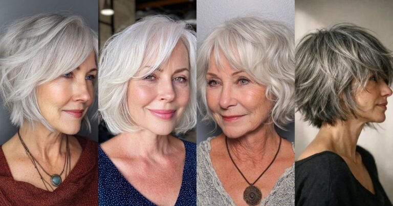 Silver shag bob hairstyles for women over 60 collage