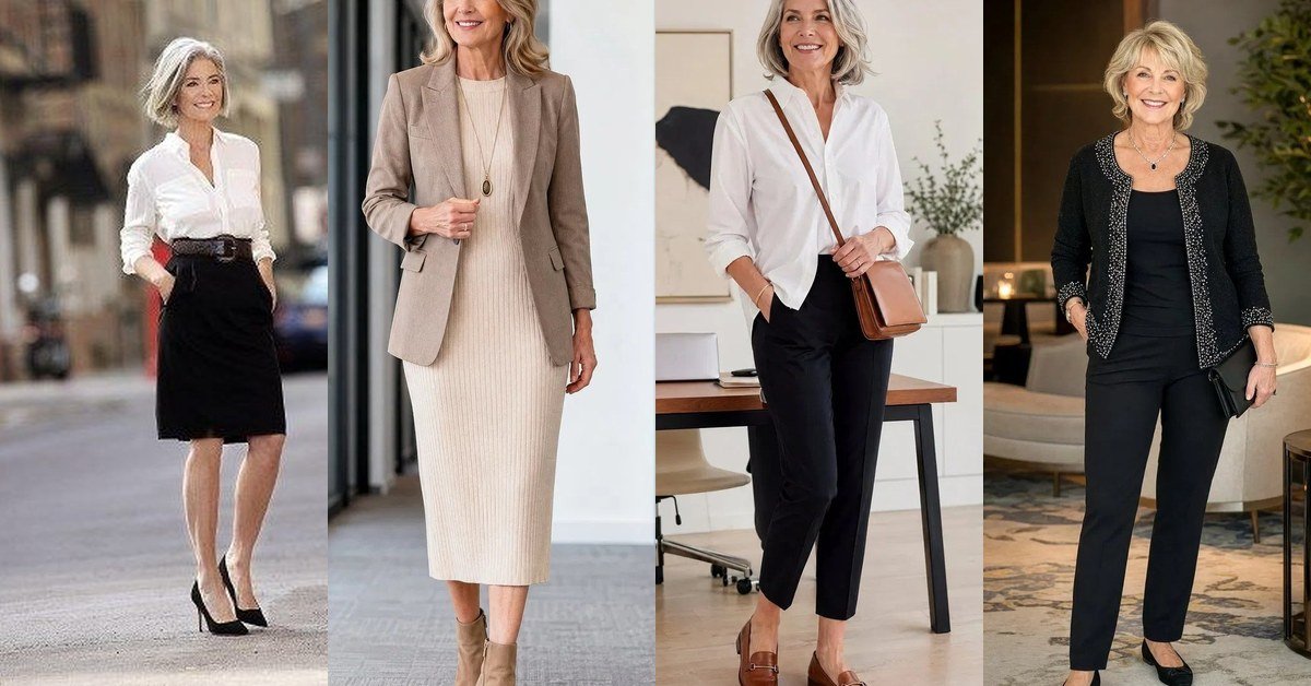 67 polished work outfit ideas for women over 50 featured collage