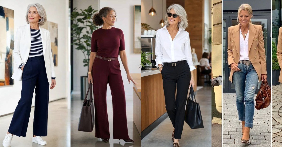 Collage of smart casual outfit ideas for women over 50 - blazers, blouses and tailored trousers