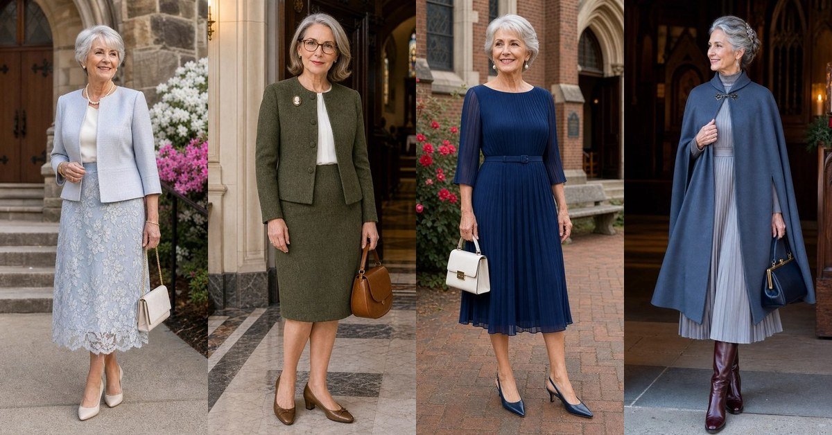 Sunday church outfits for women over 60 collage of modest winter looks