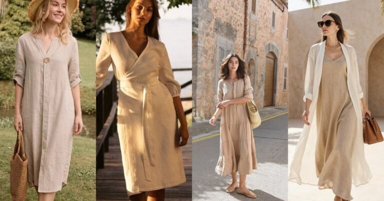 Linen outfits for women over 60: collage of four elegant linen dresses
