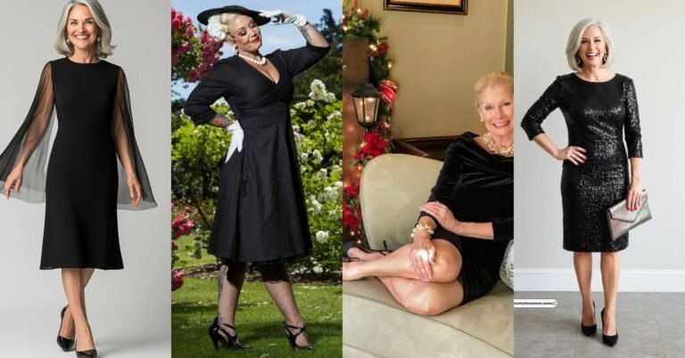 Collage of four little black dresses for women over 50: sheath, wrap, velvet and sequin styles