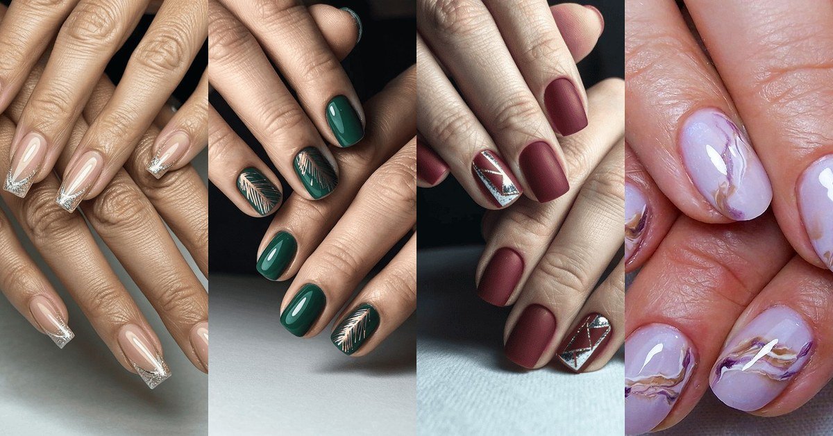 collage of stylish nail designs for women over 40 - silver french, emerald, oxblood and lavender marble nails