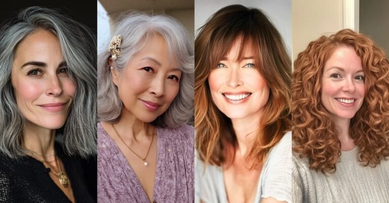 collage of medium length hairstyles for women over 40