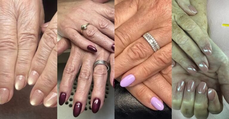 Collage of classy nail colors for women over 70: milky pearl, oxblood red, lavender and chrome manicure shades on mature hands