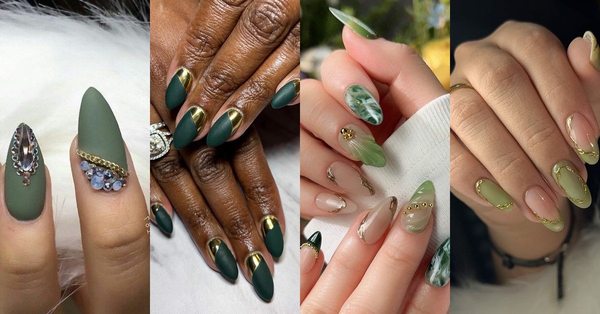 Elegant green and gold nail designs collage for women over 60