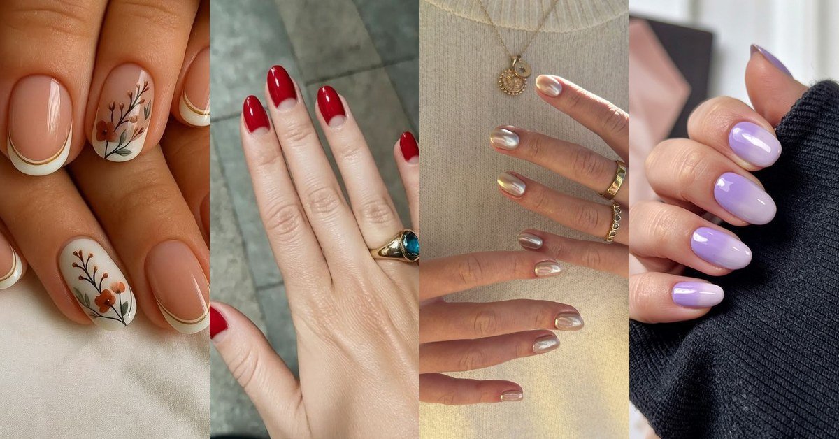 Short oval nail designs collage for women over 60: nude nails with gold French tips, classic glossy red, pearl white French, and lavender chrome