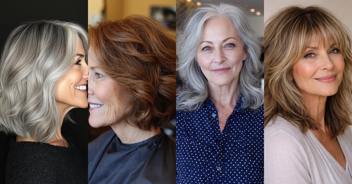 Collage of chic medium-length haircuts for women over 60: silver lob, copper bob, gray waves, honey shag
