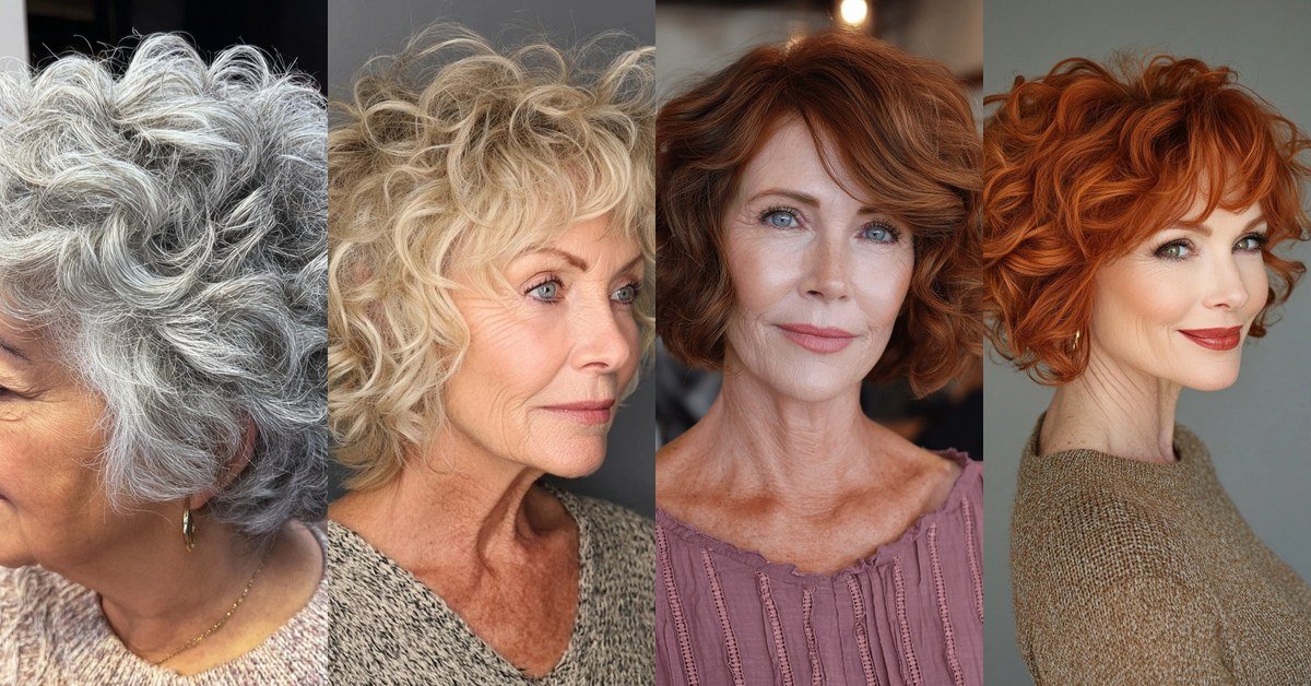Collage of four curly lob hairstyles for women over 60 in silver, blonde, auburn and copper