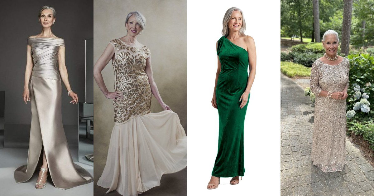 collage of four chic evening dresses for women over 50, silver satin, gold lace, emerald velvet and silver sequin gowns