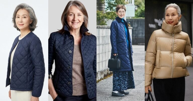 Collage of four quilted jacket outfits for women over 60