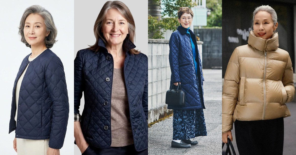 Collage of four quilted jacket outfits for women over 60