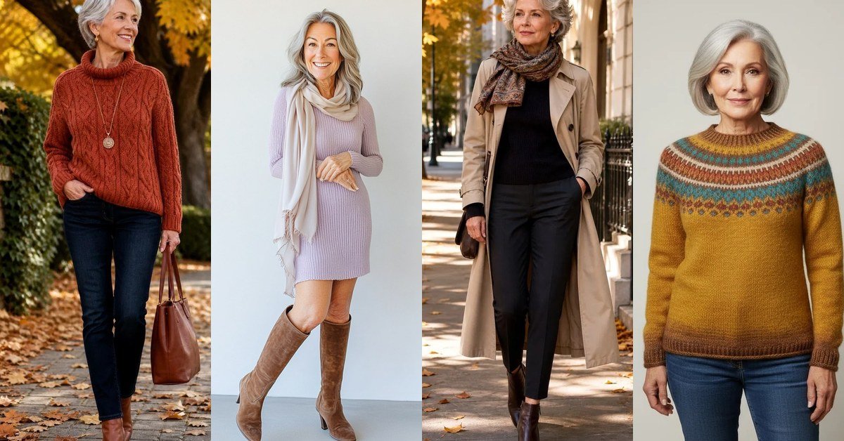 Collage of four casual fall outfits for women over 50: rust turtleneck, lavender sweater dress, trench coat and fair isle sweater