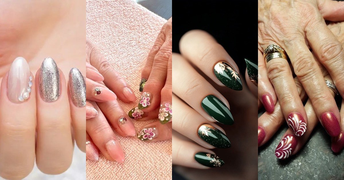 Collage of four stunning nail art designs for older women, featuring chrome, floral, green and gold, and burgundy nail art
