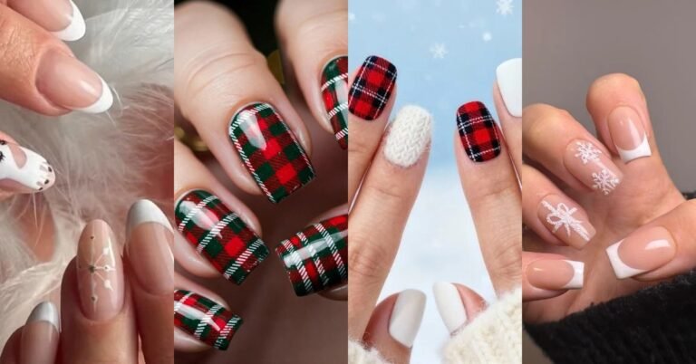 Collage of fun winter nail ideas for women over 60
