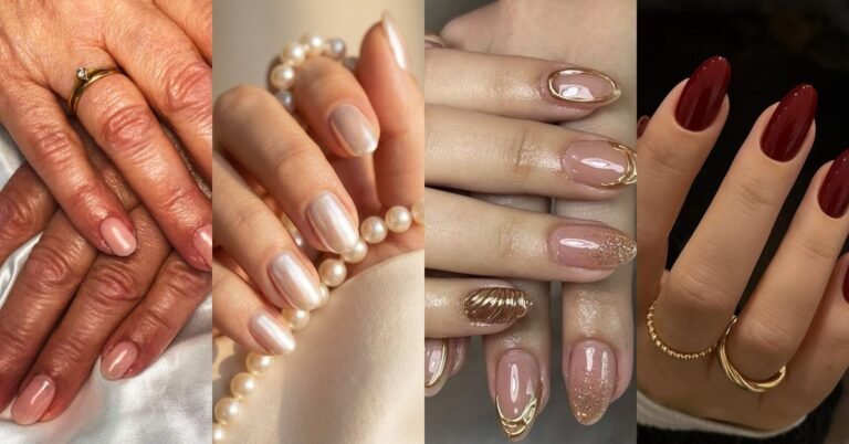 Understated glam nail color collage for women over 60: nude, pearl chrome, mauve gold foil and burgundy manicures