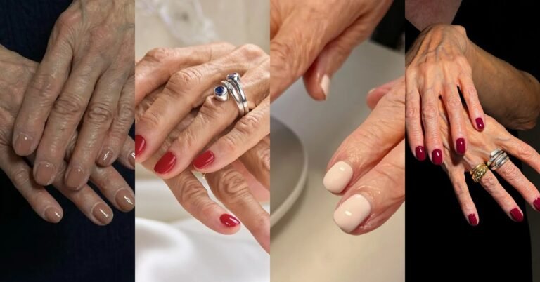 Collage of four classy manicure ideas for women over 60: nude, red, milky white and burgundy nails on mature hands