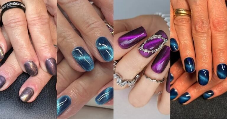 69 Cat Eye Nail Ideas for Women Over 60 - collage of shimmery magnetic cat eye nail designs