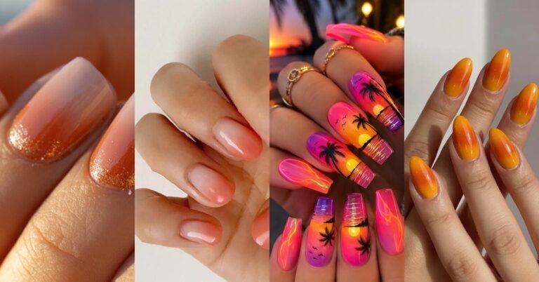 58 Sunset Ombre Nail Ideas for Women Over 50 - collage of warm sunset gradient nail designs