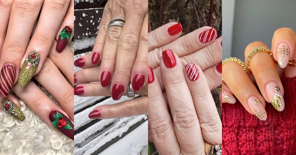 Collage of classy Christmas nail ideas for women over 70 - red, gold and snowflake manicures