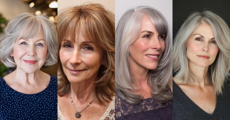 Collage of medium hairstyles for women over 60: silver bobs, layered lobs and wavy cuts