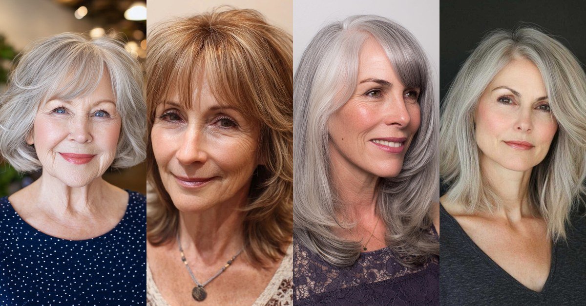 Collage of medium hairstyles for women over 60: silver bobs, layered lobs and wavy cuts