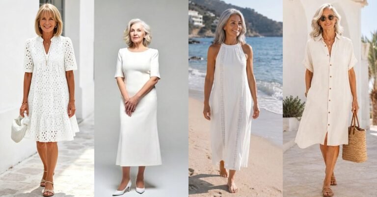 Collage of four white summer dresses for women over 60