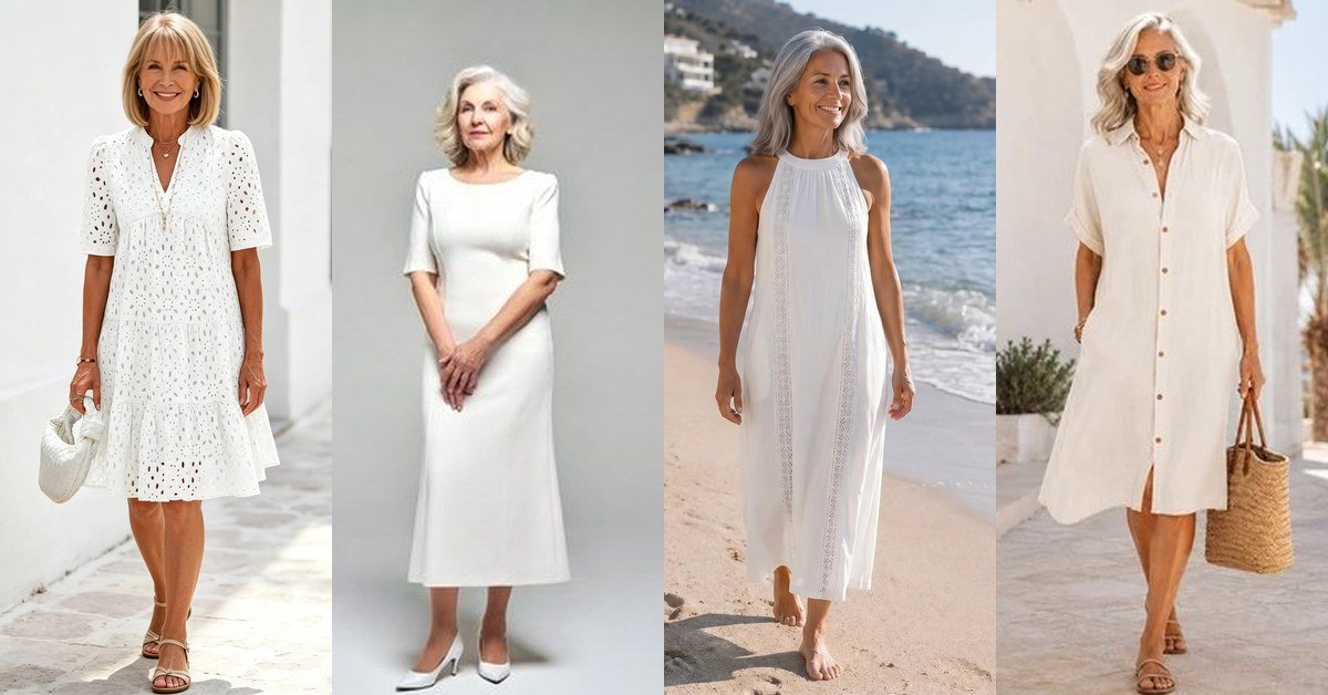 Collage of four white summer dresses for women over 60