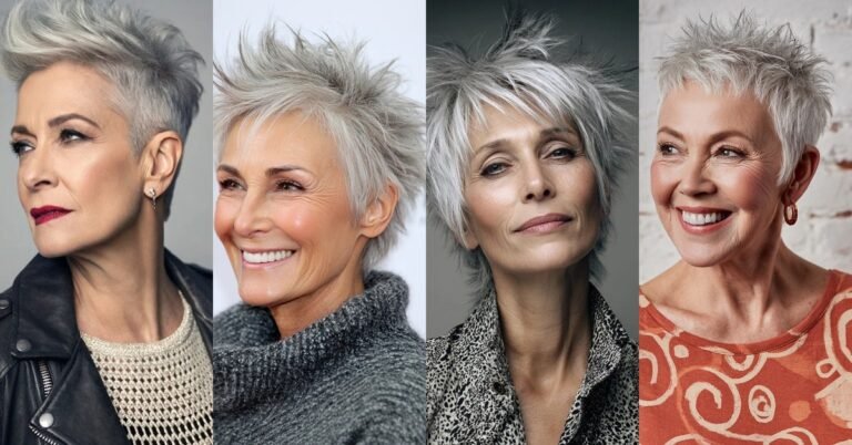 Collage of short spiky pixie hairstyles for older women