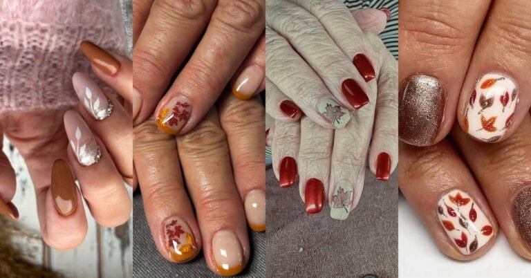Fall nail color ideas for women over 50, featured collage of four autumn manicures