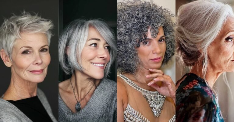 Gorgeous gray hairstyles for women over 60 collage featuring pixie, bob, curly and updo styles